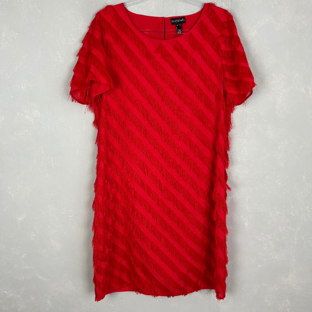Long Tall Sally size 12 fringe dress red short sleeve chiffon lined side zip